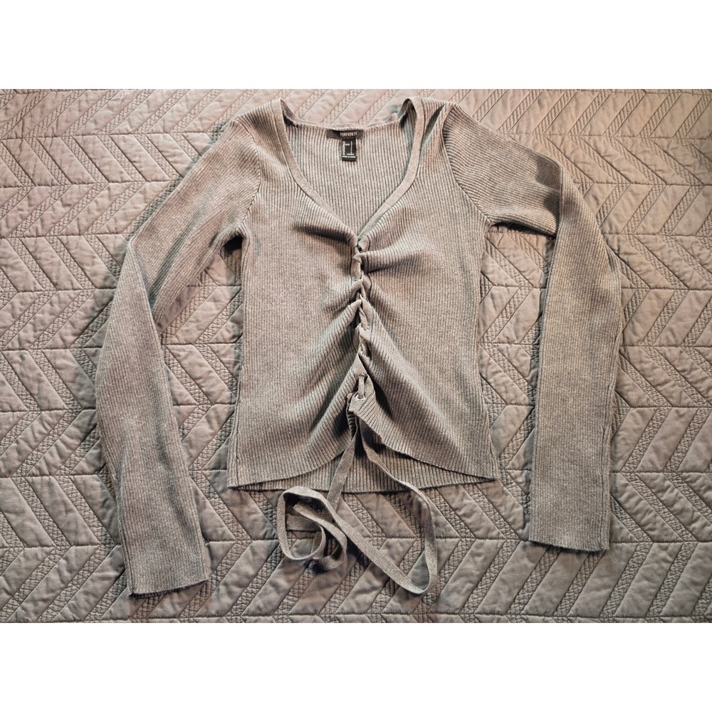 Forever 21 Grey Ribbed Ruched Drawstring V-Neck Long Sleeve Top Large